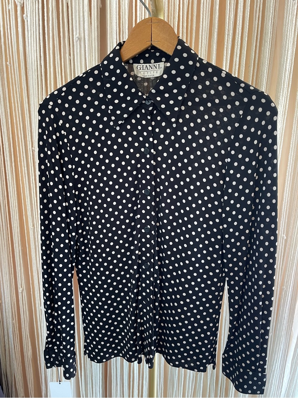 Vintage Gianni Petite black & white polka dot button-up long sleeve blouse 6P